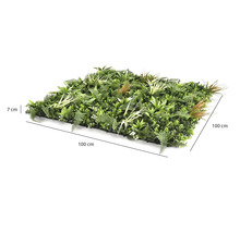 Panou cu plante artificiale cu ferigi și ierburi, dimensiuni 100 pe 100 centimetri, înălțime 7 centimetri.