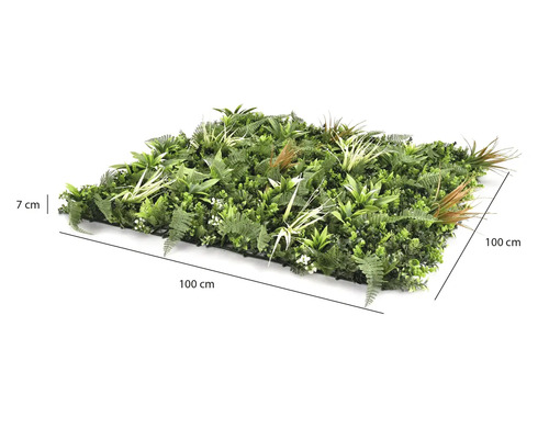 Panou cu plante artificiale cu ferigi și ierburi, dimensiuni 100 pe 100 centimetri, înălțime 7 centimetri.