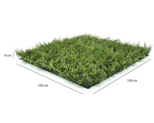 Gard viu artificial 100 x 100 centimetri cu o înălțime de 8 centimetri, panou pătrat cu plante artificiale pe suport de plastic.