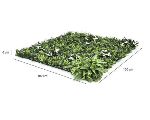 Perete vegetal artificial 100 pe 100 pe 6 centimetri cu diverse tipuri de frunze și flori albe pe grătar negru.
