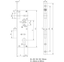 Desen tehnic al unei broaște de ușă Yale cu dimensiuni în milimetri pentru backset și interax.