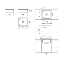 Desen tehnic pentru o chiuvetă de bucătărie cu o cuvă, cu dimensiuni pentru instalare, decupaj și dimensiuni în milimetri.