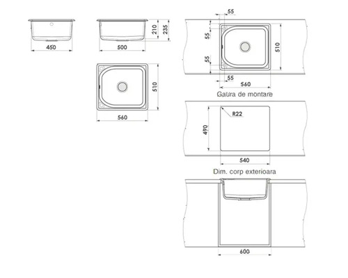 Desen tehnic pentru o chiuvetă de bucătărie cu o cuvă, cu dimensiuni pentru instalare, decupaj și dimensiuni în milimetri.