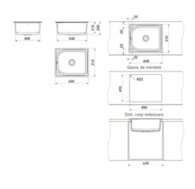 Desen tehnic pentru o chiuvetă de bucătărie cu dimensiunile de 600 pe 510 milimetri și instrucțiuni de montare.