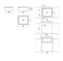 Desen tehnic al unei chiuvete de bucătărie cu dimensiuni de 600 pe 510 milimetri și dimensiuni de decupare de 580 pe 490 milimetri.