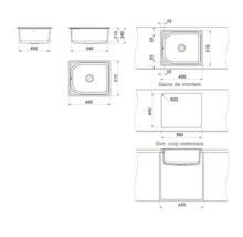 Desen tehnic al unei chiuvete de bucătărie cu dimensiuni pentru montare și instalare în diverse vederi.