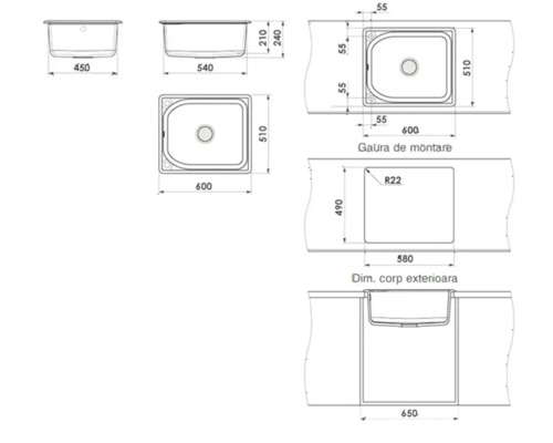 Desen tehnic al unei chiuvete de bucătărie cu dimensiuni pentru montare și instalare în diverse vederi.