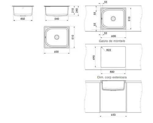Desen tehnic pentru chiuvetă simplă cu dimensiuni de 600 pe 510 milimetri, dimensiuni decupaj și lățime corp mobilier.