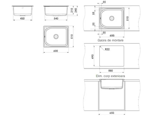 Desen tehnic al unei chiuvete de bucătărie cu vedere de sus, laterală și dimensiuni de montare pentru decupajul blatului în milimetri.