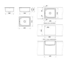 Desen tehnic al unei chiuvete de bucătărie cu dimensiuni în milimetri. Lățime 600 milimetri, adâncime 510 milimetri.