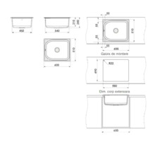 Desen tehnic al unei chiuvete de bucătărie încastrate cu dimensiuni pentru lățime, adâncime, înălțime și decupaj.