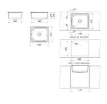Desen tehnic al unei chiuvete dreptunghiulare cu dimensiuni de instalare, dimensiuni de decupare 580 pe 490 milimetri și lățimea corpului 650 milimetri.