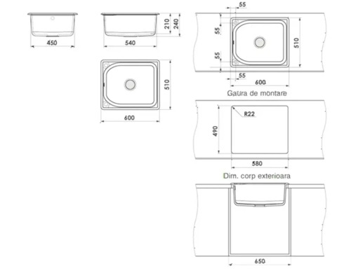 Desen tehnic al unei chiuvete dreptunghiulare cu dimensiuni de instalare, dimensiuni de decupare 580 pe 490 milimetri și lățimea corpului 650 milimetri.