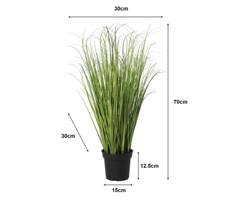 Iarbă artificială în ghiveci cu dimensiuni: înălțime 70 centimetri, lățime 30 centimetri, adâncime 30 centimetri, înălțime ghiveci 12,5 centimetri.