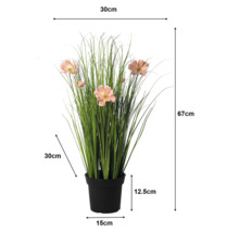 Floare de cosmos artificială, ghiveci negru. Înălțime 67 centimetri, lățime 30 centimetri, adâncime 30 centimetri, înălțime ghiveci 12,5 centimetri.