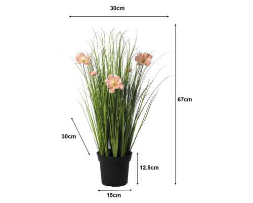 Floare de cosmos artificială, ghiveci negru. Înălțime 67 centimetri, lățime 30 centimetri, adâncime 30 centimetri, înălțime ghiveci 12,5 centimetri.