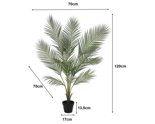 Palmier artificial în ghiveci negru cu dimensiuni: înălțime 120 centimetri, lățime 70 centimetri, înălțime ghiveci 13,5 centimetri, diametru 17 centimetri.