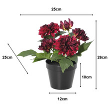 Dalie roșie artificială în ghiveci, înălțime 26 centimetri, lățime 25 centimetri, adâncime 25 centimetri, ghiveci 10 centimetri, diametru 12 centimetri.