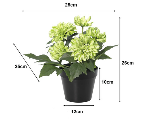 Dalie artificială în ghiveci: înălțime 26 centimetri, lățime 25 centimetri, adâncime 25 centimetri, ghiveci 10 centimetri, diametru 12 centimetri.