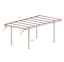 Diagramă a unei copertine pentru terasă cu cadru de acoperiș din aluminiu și stâlpi de susținere din oțel.