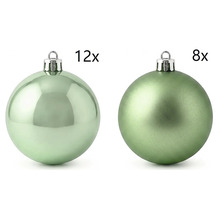 Set de 20 de globuri de Crăciun verde salvie format din 12 globuri lucioase și 8 globuri mate.