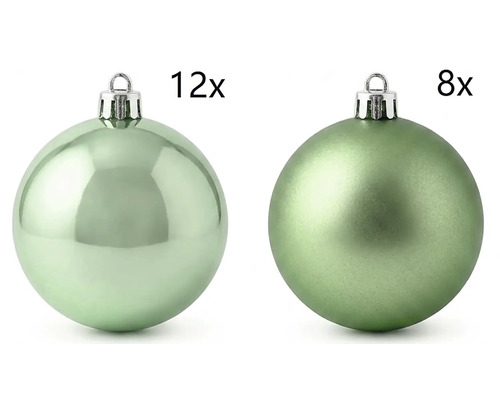 Set de 20 de globuri de Crăciun verde salvie format din 12 globuri lucioase și 8 globuri mate.