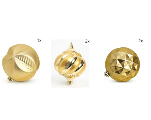 Globuri de Crăciun aurii în set cu model de frunze, formă de spirală și fațete geometrice.