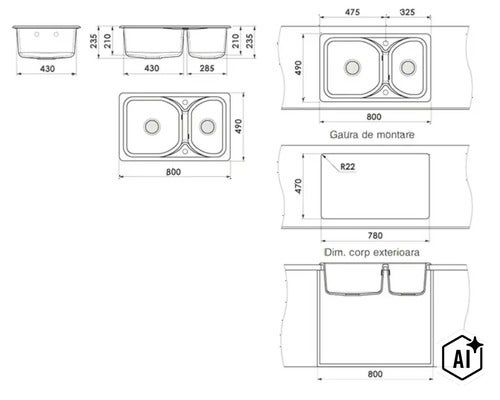 Desen tehnic al unei chiuvete duble cu o cuvă mare și una mică, dimensiuni exterioare 800 pe 490 milimetri, dimensiuni decupaj 780 pe 470 milimetri. (Image AI modified or generated)