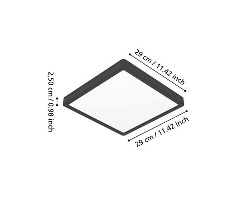 Plafonieră LED pătrată cu dimensiuni: 29 centimetri pe 29 centimetri și o înălțime de 2,50 centimetri.
