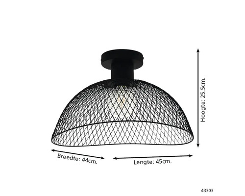 Plafonieră neagră din plasă metalică cu dimensiuni: înălțime 25,5 centimetri, lățime 44 centimetri, lungime 45 centimetri.