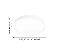 Plafonieră rotundă plată cu diametrul de 27,80 centimetri și înălțimea de 2,50 centimetri.