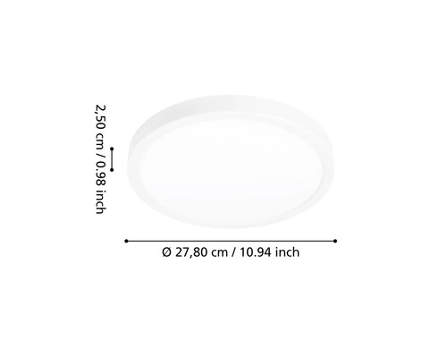 Plafonieră rotundă plată cu diametrul de 27,80 centimetri și înălțimea de 2,50 centimetri.