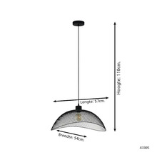 Pendul cu abajur tip plasă de culoare neagră, înălțime 110 centimetri, lungime 57 centimetri, lățime 54 centimetri.