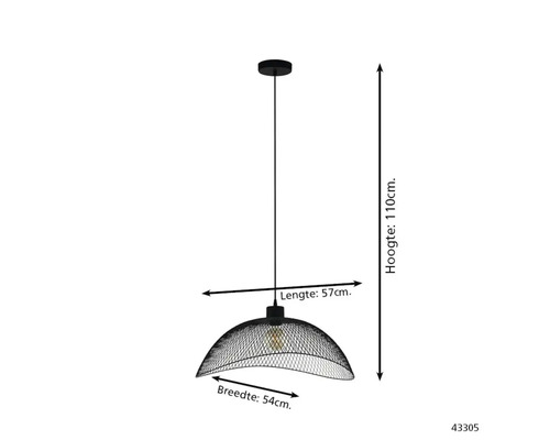 Pendul cu abajur tip plasă de culoare neagră, înălțime 110 centimetri, lungime 57 centimetri, lățime 54 centimetri.