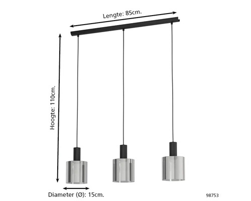 Pendul cu 3 becuri și abajururi cilindrice, lungime 85 centimetri, înălțime 110 centimetri, diametru abajur 15 centimetri.