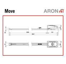 Desen tehnic al sistemului de acționare pentru uși de garaj ARON Move cu dimensiuni în milimetri. ARON Logo.