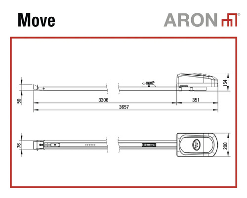 Desen tehnic al sistemului de acționare pentru uși de garaj ARON Move cu dimensiuni în milimetri. ARON Logo.