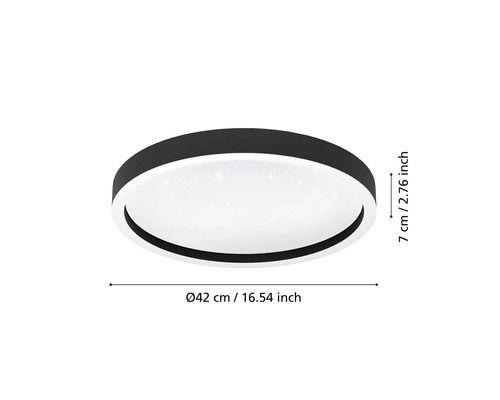 Plafonieră rotundă cu diametrul de 42 de centimetri și înălțimea de 7 centimetri.
