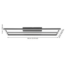 Plafonieră LED neagră cu design dreptunghiular, dimensiuni 64 centimetri lățime, 22 centimetri adâncime și 5 centimetri înălțime.