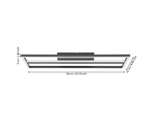 Plafonieră LED neagră cu design dreptunghiular, dimensiuni 64 centimetri lățime, 22 centimetri adâncime și 5 centimetri înălțime.