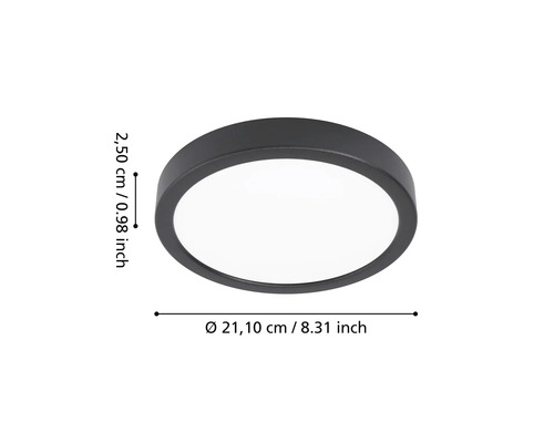 Plafonieră LED rotundă neagră cu un diametru de 21,10 centimetri și o înălțime de 2,50 centimetri.