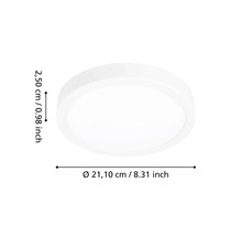 Plafonieră rotundă și plată albă cu un diametru de 21,10 centimetri și o înălțime de 2,50 centimetri.