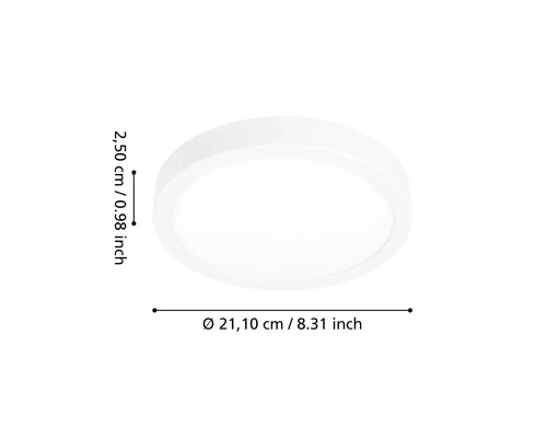 Plafonieră rotundă și plată albă cu un diametru de 21,10 centimetri și o înălțime de 2,50 centimetri.