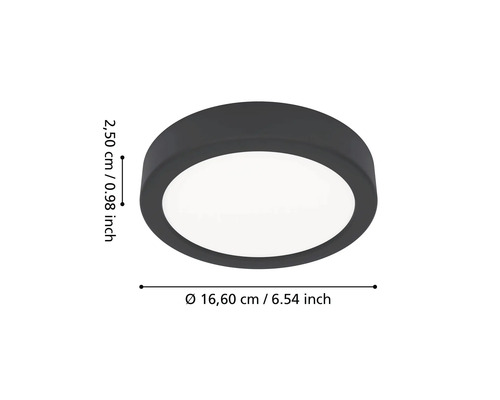 Plafonieră LED rotundă, diametru 16,60 centimetri, înălțime 2,50 centimetri.
