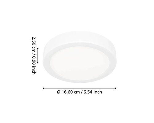 Plafonieră LED rotundă cu un diametru de 16,60 centimetri și o înălțime de 2,50 centimetri.