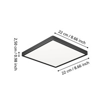 Plafonieră LED pătrată cu cadru negru, lățime 22 centimetri, lungime 22 centimetri, înălțime 2,50 centimetri.