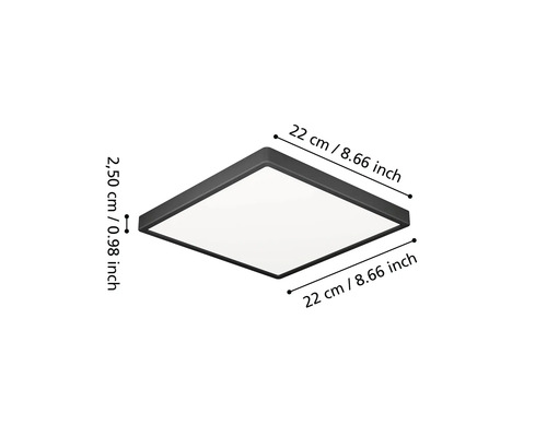 Plafonieră LED pătrată cu cadru negru, lățime 22 centimetri, lungime 22 centimetri, înălțime 2,50 centimetri.