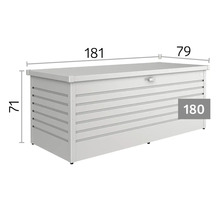 Ladă de grădină cu linii orizontale și dimensiunile 181 centimetri lungime, 79 centimetri lățime și 71 centimetri înălțime. Model mărimea 180.
