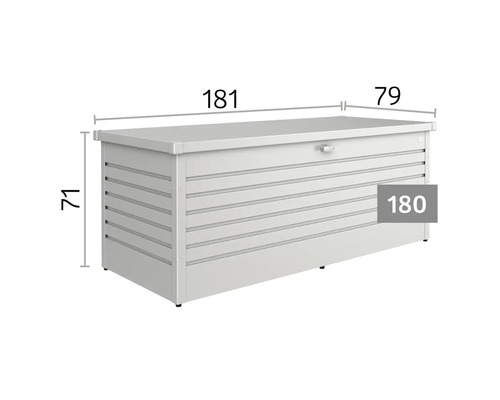 Ladă de grădină cu linii orizontale și dimensiunile 181 centimetri lungime, 79 centimetri lățime și 71 centimetri înălțime. Model mărimea 180.