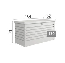 Ladă de grădină din metal cu dimensiuni: lungime 134 centimetri, adâncime 62 centimetri, înălțime 71 centimetri, model 130.
